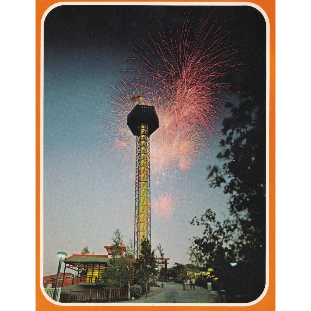Vintage Magic Mountain Fireworks Sky Tower Postcard Retro Kitsch Americana